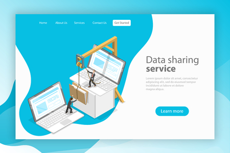 Isometric flat vector landing page template. Data sharing service, social network, information exchange, file transfer.のイラスト素材