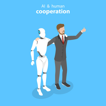 Flat isometric vector concept of robot and human cooperation.のイラスト素材