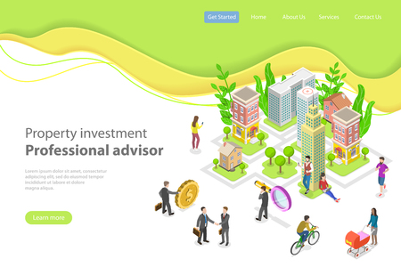 Isometric flat vector landing page template. Investment in property, real estate deal, mortgage.のイラスト素材