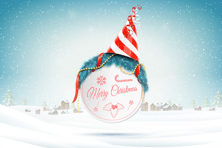 Christmas and New Year typography greetings on Xmas background with winter rural landscape and snowflakes.のイラスト素材