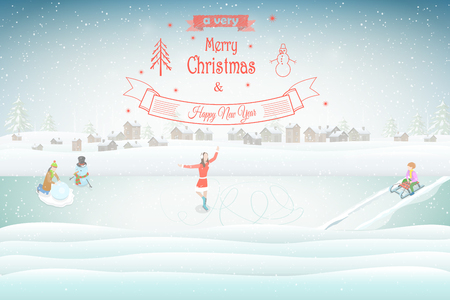 Christmas and New Year typography greetings on Xmas background with winter rural landscape and snowflakes.のイラスト素材