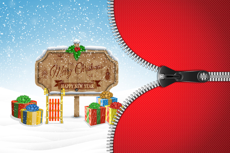 Christmas and New Year typography greetings on Xmas background with winter rural landscape and snowflakes.のイラスト素材