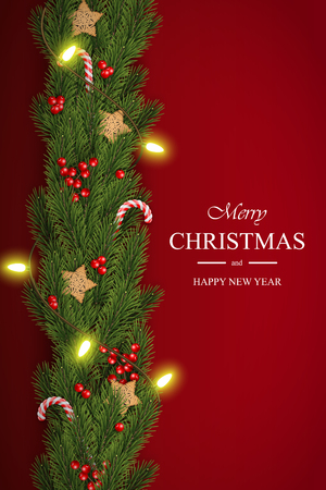 Christmas vector on red background with wishes, pine branches, berries, garlandsのイラスト素材