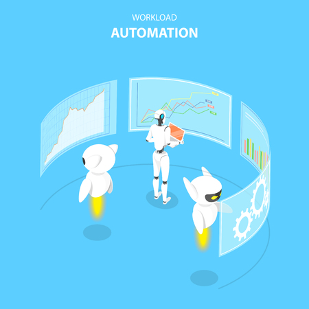 Isometric flat vector concept of workload automation, job scheduling, ai, big data, financial analysis.のイラスト素材