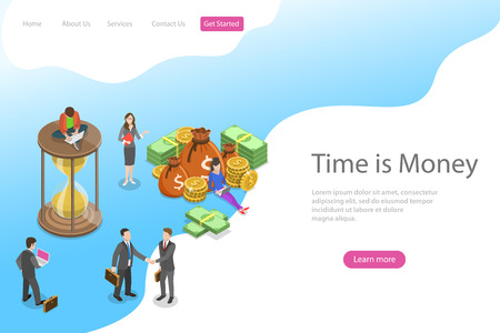 Flat isometric vector landing page template for time is money, income growth, roi, financial investments, time management and planning.のイラスト素材