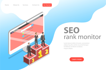 Flat isometric vector landing page template of seo ranking monitor, website optimization marketing, web analytics.のイラスト素材