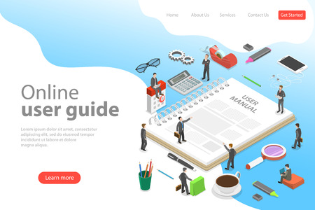 Isometric flat vector landing page template of user manual, guide, operating instractions, requirements and specifications document.のイラスト素材