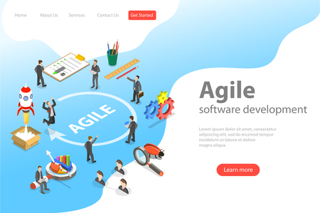 Flat isometric vector landing page of agile software development, product design methodology.のイラスト素材
