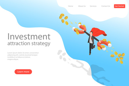 Isometric flat vector landing page template of investment attraction strategy.のイラスト素材