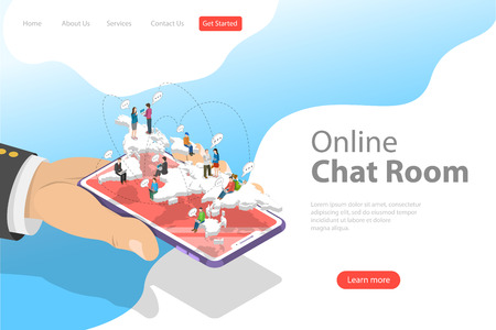 Flat isometric vector landing page template of live chat, social media network.のイラスト素材