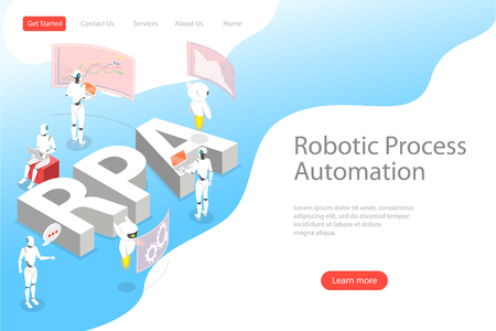 Isometric flat vector landing page template of robotic process automatisation.