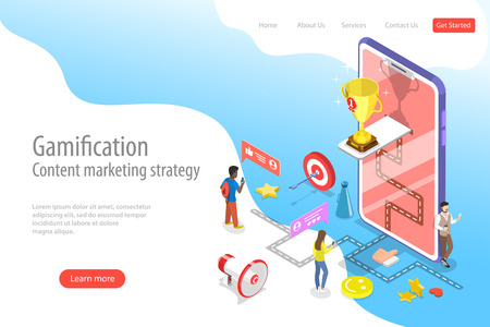 Isometric flat vector landing pate template of gamification, interactive content