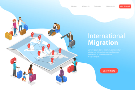 Isometric flat vector landing page template of international migration.のイラスト素材
