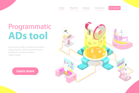 Flat isometric vector landing page template of programmatic advertising.のイラスト素材