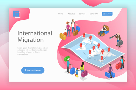 Isometric flat vector landing page template of international migration.のイラスト素材