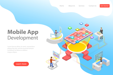 Flat isometric vector landing page template of mobile app development, programming, coding, software.のイラスト素材