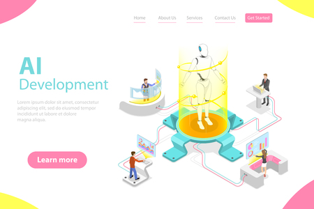 Flat isometric vector landing page template of AI development.のイラスト素材