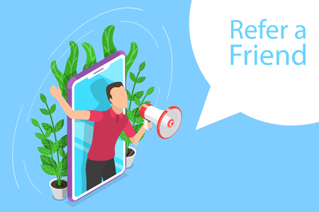 Isometric flat vector concept of refer a friend illustration with a man got out of a smartphone shouting to megaphone.のイラスト素材