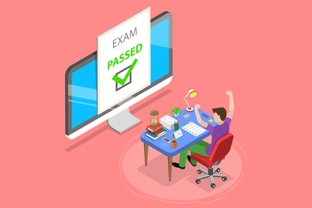 Isometric flat vector concept of passed online exam, questionnaire form, online education, survey, internet quiz.のイラスト素材