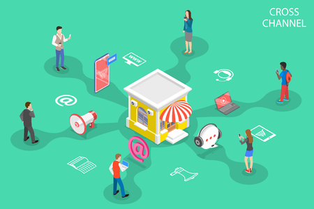 Isometric flat vector concept of cross channel, omnichannelのイラスト素材