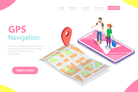 Isometric flat vector landing page temlate of mobile pgs navigation, city map.のイラスト素材