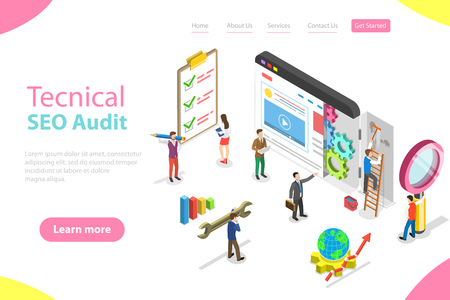 Isometric flat vector landing page template of technical SEO auditのイラスト素材