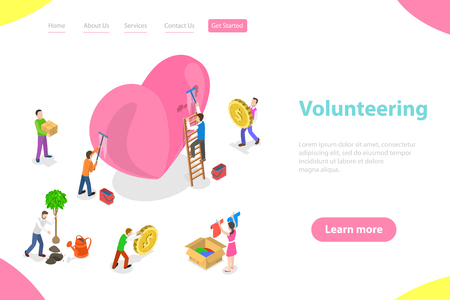 Isometric flat vector landing page template of volunteering and support.のイラスト素材