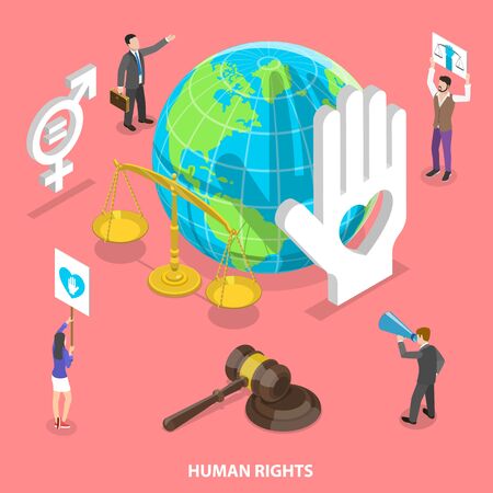 Isometric flat vector concept of civil and human rights, volunteers movement.