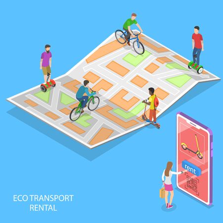 Isometric flat vector concept of city eco transportation, rent online service, urban eco-friendly transport.のイラスト素材