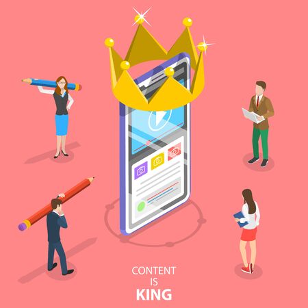 Isometric flat vector concept of content is king, copywriter, engaging content creating, blog writing.のイラスト素材