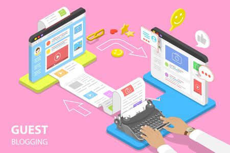 Isometric flat vector concept of guest blogging, commercial blog posting and copywriting, content marketing strategy.のイラスト素材