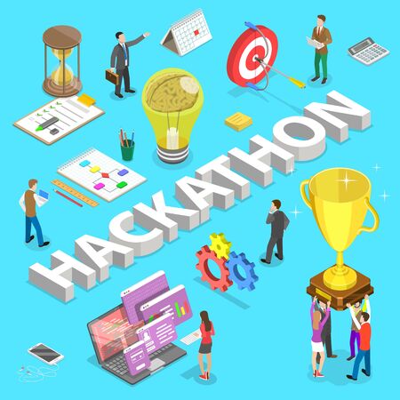 Isometric flat vector concept of hackathon, hack marathon coding event, app and software development.のイラスト素材