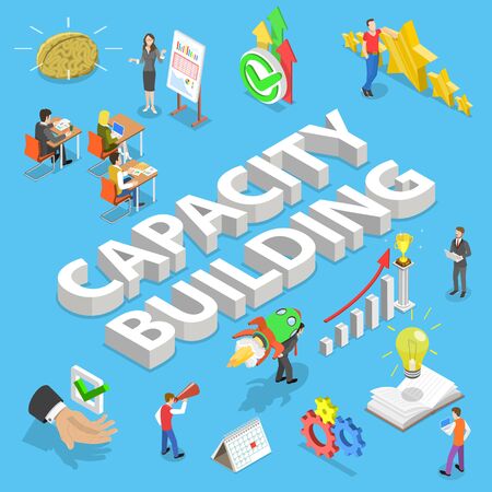 Isometric flat vector concept of capacity building, process of skills obtaining, improving and retaining, process of a organization and personal development.のイラスト素材