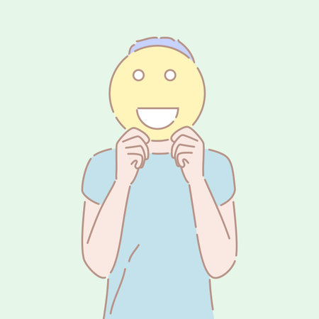 Hand drawn style vector of a man holding an smiling sign in front of his face.