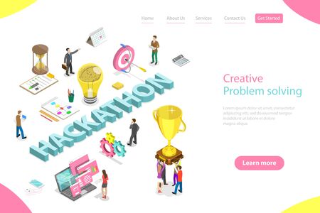 Isometric flat vector landing page template of hackathon, hack marathon coding event, app and software development.のイラスト素材
