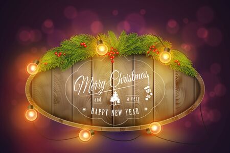 Wooden Christmas Board With Pine Branches, Light Bulbs and Holiday Wishes.のイラスト素材