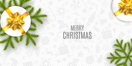 Christmas Vector Composition. Holiday Wishes on White Background with Fir Branches and Gift Boxes. Can Be Used For Greeting Card, Poster and Banner.のイラスト素材