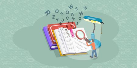 Isometric Flat Vector Concept of Literature Reading, Language Learning, Searching Through Dictionary, Vocabulary Development.のイラスト素材