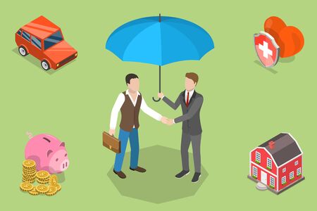 Isometric flat vector concept of healthcare, home, vehicle and financial insurance policy.のイラスト素材