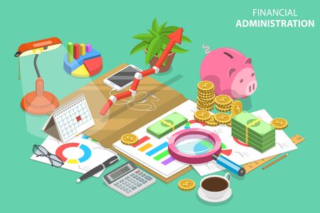 Isometric Vector Concept of Financial Administration. Audit Services, Tax Examination Report, Planning and Accounting.のイラスト素材