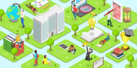 Flat Isometric Vector Concept of Campus. Students are Spending Their Time Reading, Studying, Chatting, Walking and etc. Around the University.のイラスト素材
