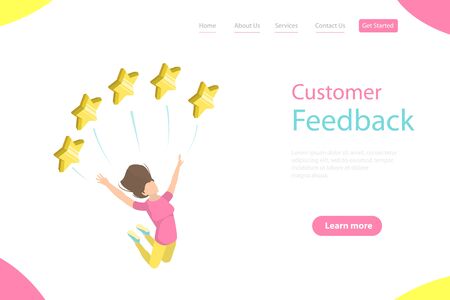 Isometric flat vector landing page template of five star rating, customer quality evaluation, user feedback, excellent client satisfaction.のイラスト素材