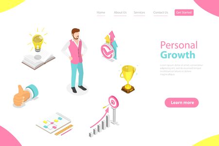 Isometric Flat Vector Landing Page Template of Self-Development, Career Achievements, High Goals Achievement, Growth of Personal Qualities.のイラスト素材
