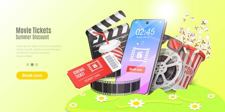 Movie Tickets Online Booking, Mobile Movie Theater, Online Cinema Watching, Cinematography and Filmmaking. Vector 3D Template for Web Banner or Website Landing Page.のイラスト素材