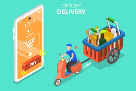 3D Isometric Flat Vector Concept of Grocery Delivery, Online Food Order App, Fast Delivery Service.のイラスト素材