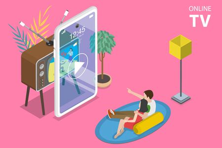 3D Isometric Flat Vector Concept of Mobile Smart TV, Streaming Home Entertainment, Movie Online.のイラスト素材