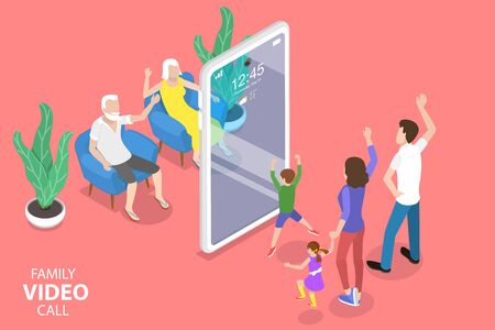 3D Isometric Flat Vector Concept of Online Video Conference Tool, Video Chat Mobile App, Family Call.のイラスト素材
