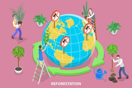 3D Isometric Flat Vector Concept of Reforestation by Planting New Trees.のイラスト素材