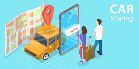 3D Isometric Flat Vector Concept of Car Sharing Service App, Shared Mobility.のイラスト素材