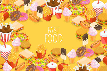 Fast Food Background with Hot Dog, Ice Drink, Burger, Donut, Ice Cream.のイラスト素材